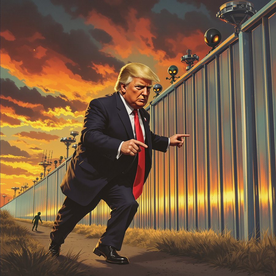 The President walking a captured grey alien toward a chrome border wall topped with laser turrets.