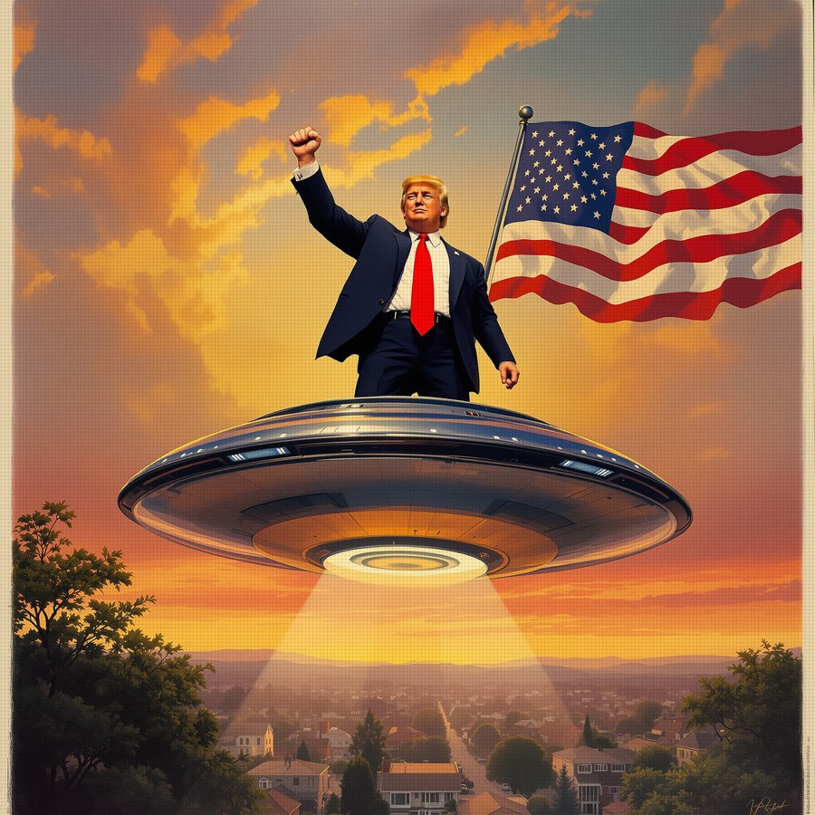 The President standing triumphantly atop a chrome flying saucer, fist raised, flag waving behind.