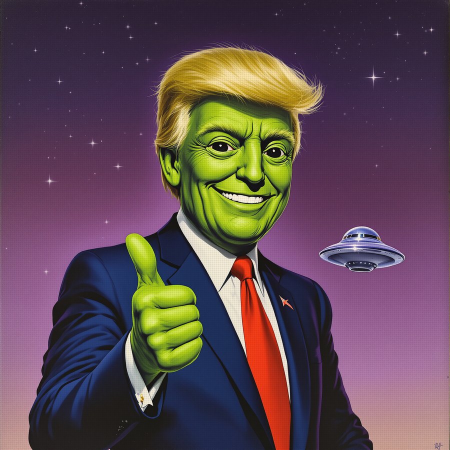 Alien impostor at state dinner — green skin, suit and tie, identical blonde hair, thumbs-up gesture.
