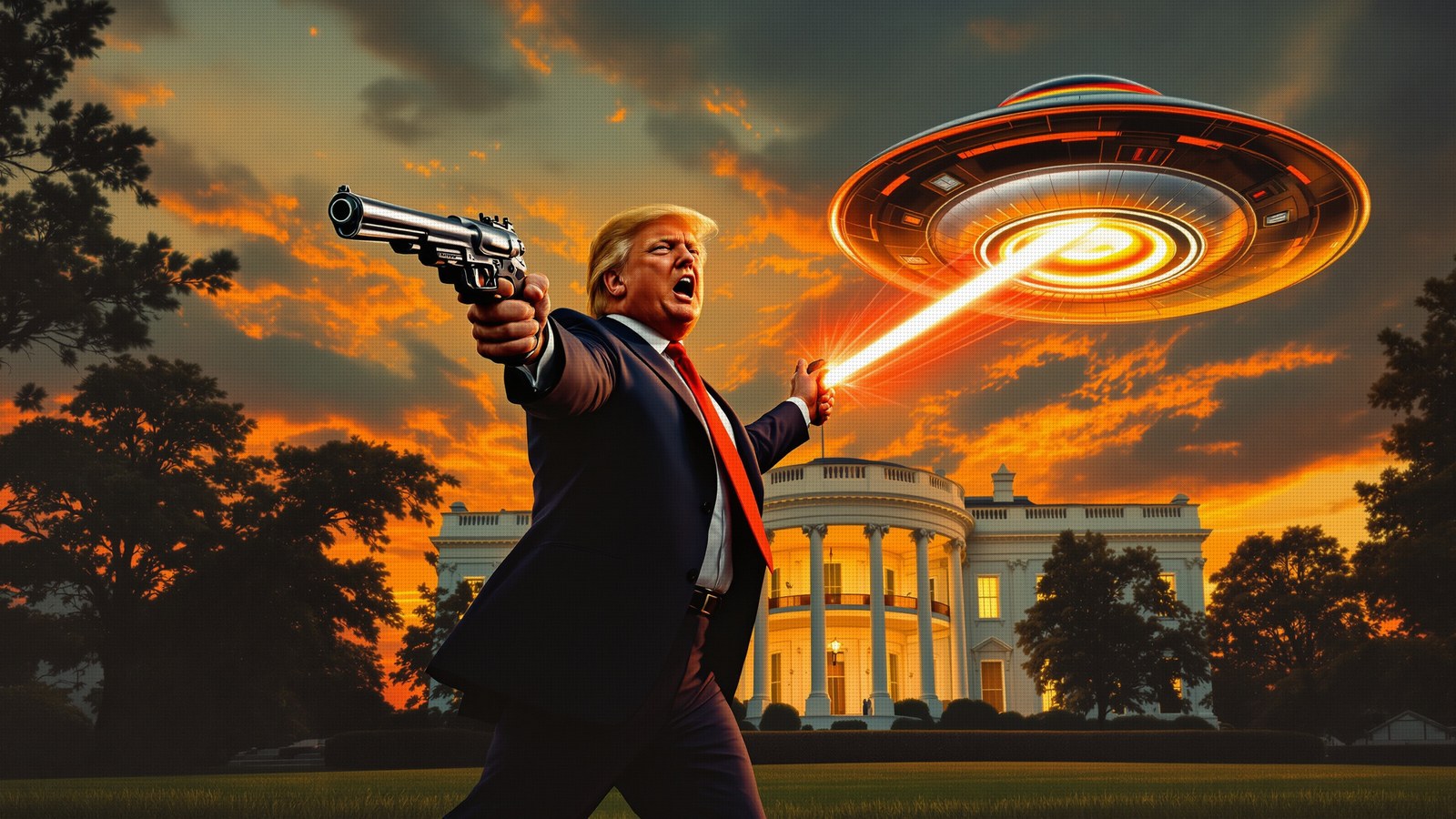 Painted scene: the President firing a chrome ray-gun at a flying saucer above the White House lawn at sunset.
